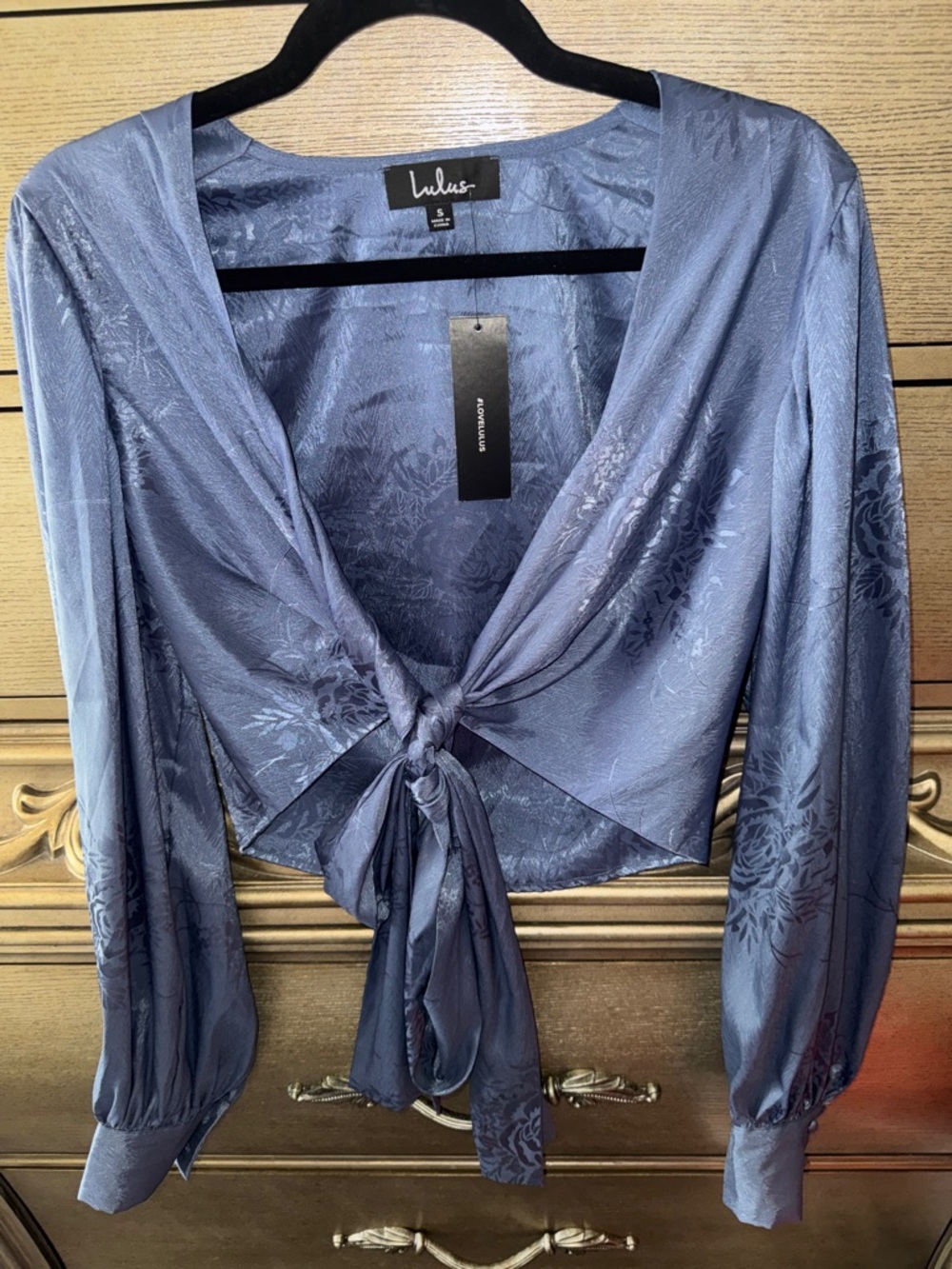 Lulu's Dusty Blue Satin Tie-Front Blouse